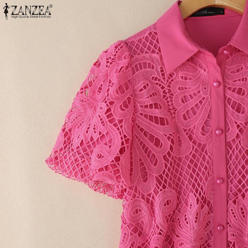 ZANZEA Bluză de damă cu guler polo, mâneci scurte, croșetată ajurată patchwork