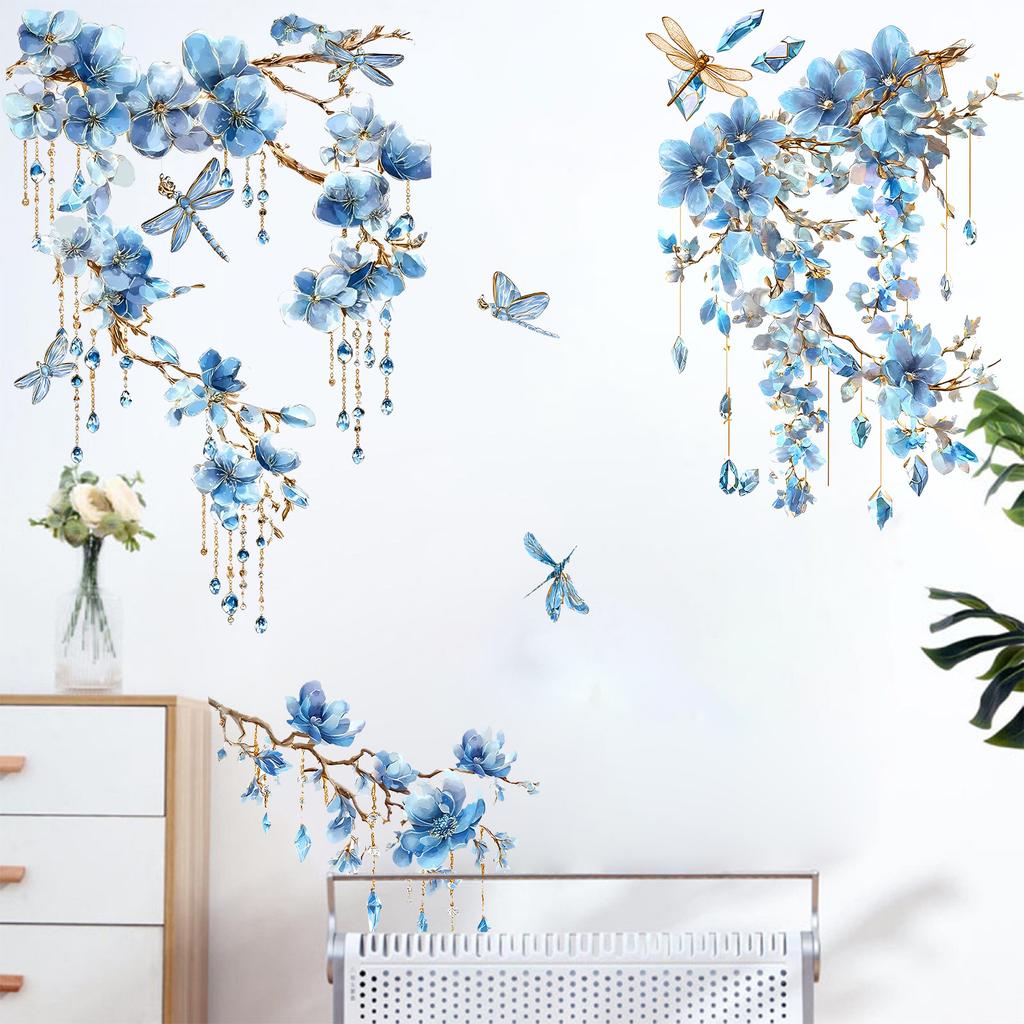 Blå Blommor, Grenar och Trollslända Väggdekal Självhäftande Avtagbar för Sovrum Vardagsrum Arbetsrum Heminredning