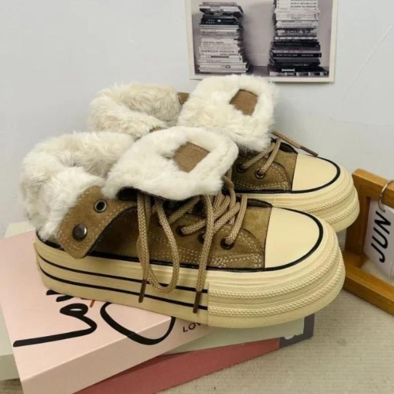 Women Shoes Winter Plush Warm Shoes Classic High Top Canvas Oes Winter Sneakers for Women Lace Up Platform Vulcanize Shoe