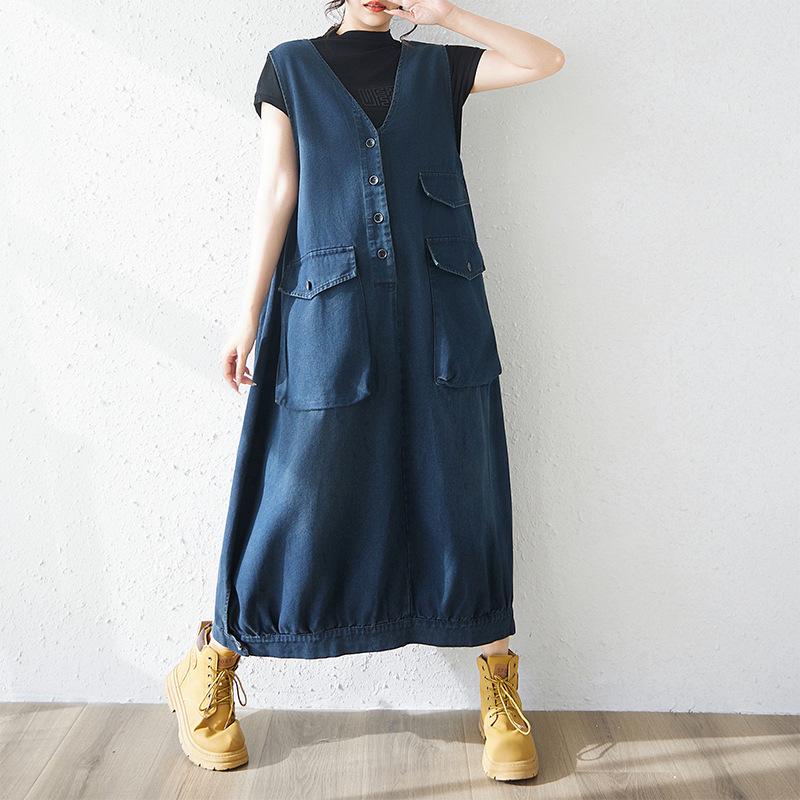

2026 Spring/Summer Retro V-Neck Plus Size Loose Tank Dress 2XL Plus Size синій