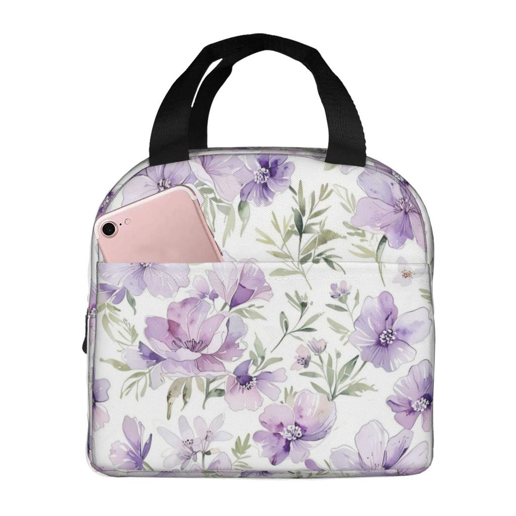 Light Purple Floral Pattern Insulated Lunch Bag for Women Children Portable Food Boxes Thermal Lunch Box Tote