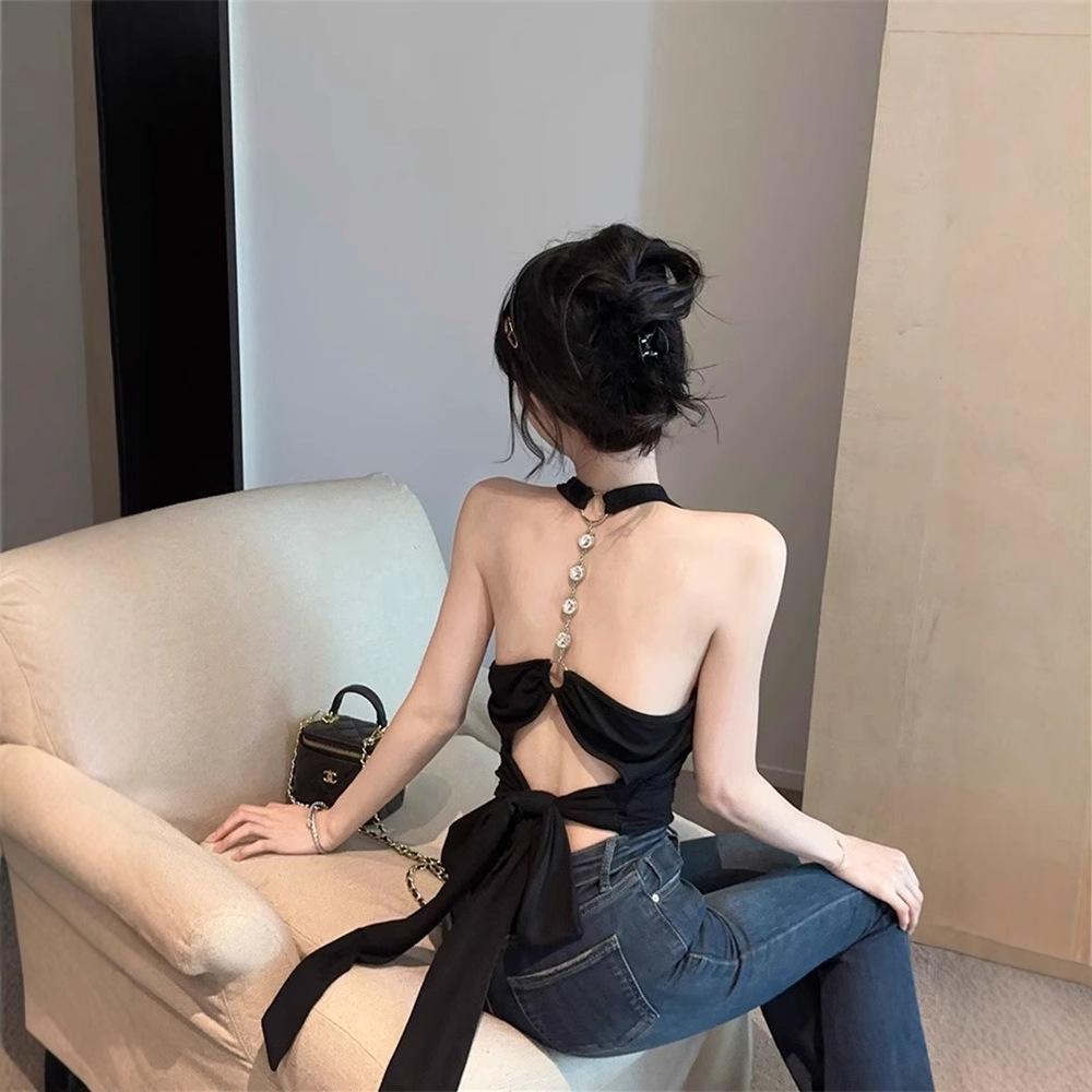 Women's Black Sexy Backless Lace-Up Halter Tank Top for Summer