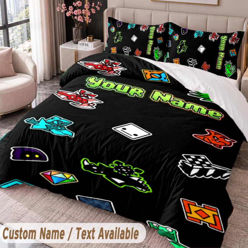 Custom Name Text 3Pcs Bedding Set Geometry Dash Duvet Cover And Two Pillowcases