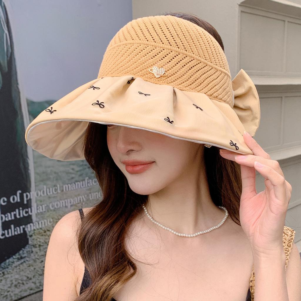 Summer Colored Glue Bow Sun Hat Women's Big Eaves Sun Protection UV Protection Sun Hat Outdoor Travel Empty Top Hat