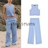 Stripes Sleeveless Round Neck Vest Vest 5427866 Stripes Plaid Mid Waist Casual Pants 6929414