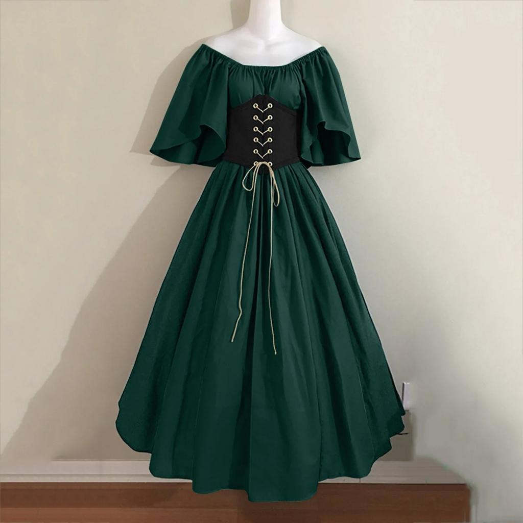 Halloween Costumes for Women Medieval Retro Contrasting Color Slim Swing Dress One-word Shoulder Dress Love Live Cosplay