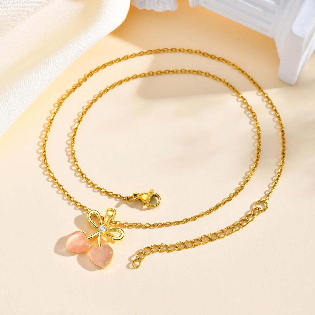 Natural Stone Pink Love Heart Pendant Necklaces For Women, Bowknot Copper Gold Color Chain Necklace Trendy Jewelry For Mom Gift