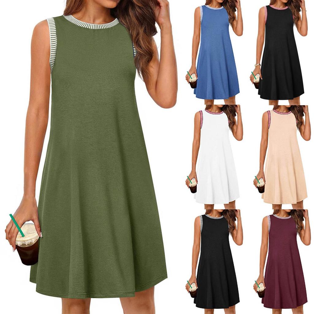 Women's Fashionable Color Round Neck Loose Sleeveless Pullover Dress