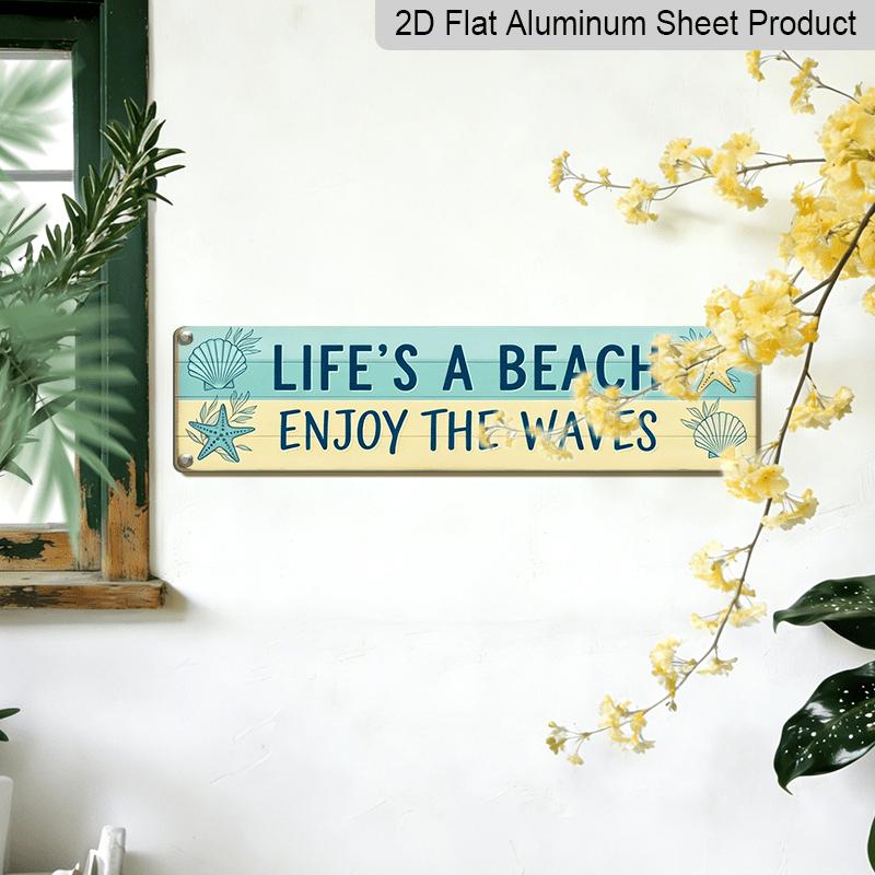 2D Flat, 1pc Rustic Coastal Aluminium Decorative Sign "Life's A Beach Enjoy The Waves" - Minimalist Nautical Beach Art with Wood Plank Decor