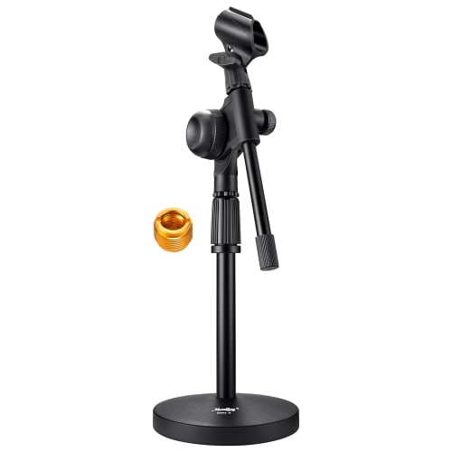Moukey MMs-5 Desktop Microphone Stand with Geared Boom Arm, 9.5mm & 15.8mm Adapters, 14cm Base Diameter