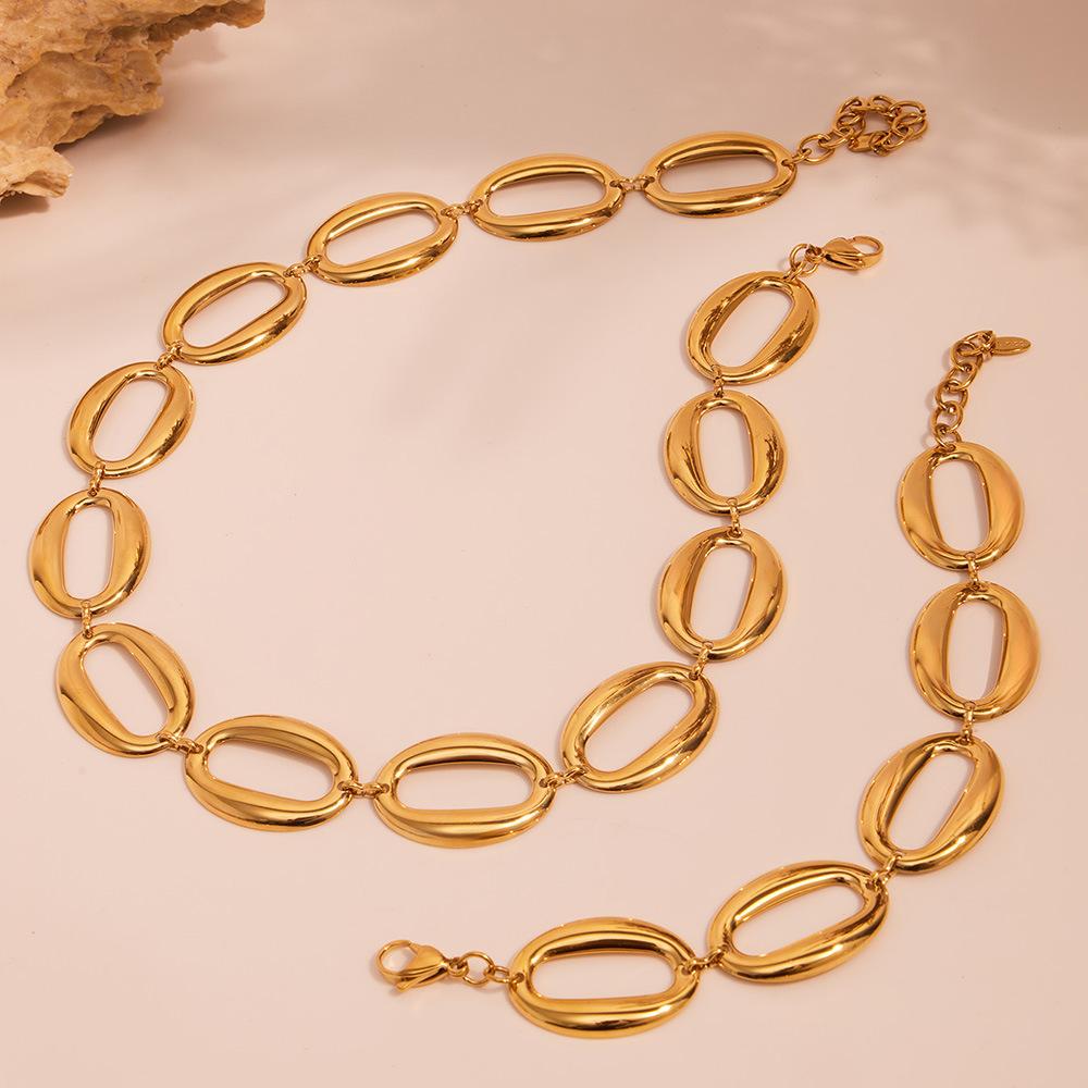 Elliptical Egg Shaped High Polished Bracelet Necklace Set Plated with 18k Real Gold, Non Fading Jewelry
