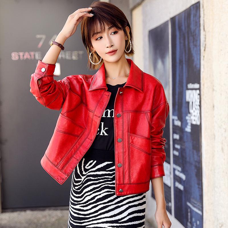 Women's Lambskin Leather Motorcycle Jacket, Slim Fit, Short Style, Lapel Design, Ideal for Petite Sizes.