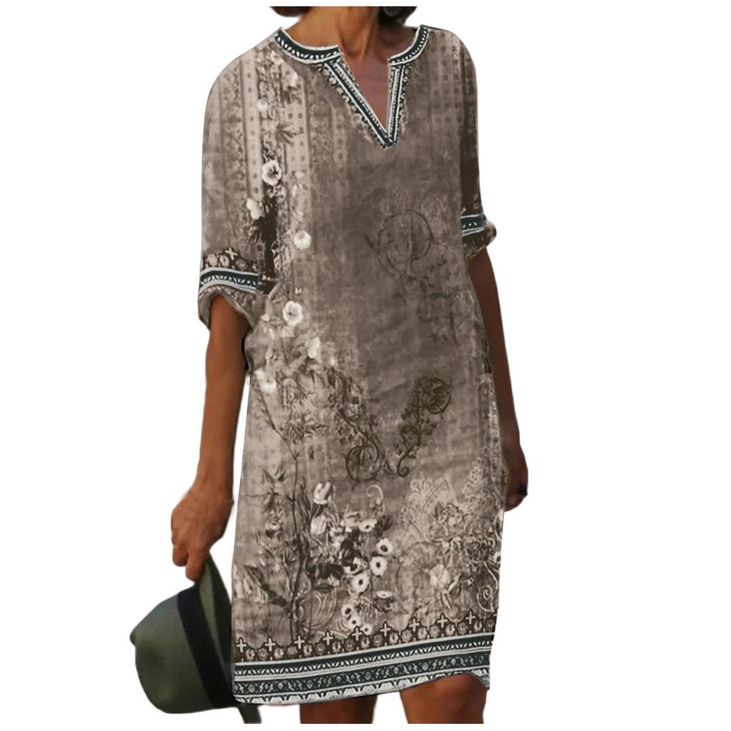 Women's Button Decoration O Neck Dress Ladies Vintage Floral Print Short Sleeve Long Dress