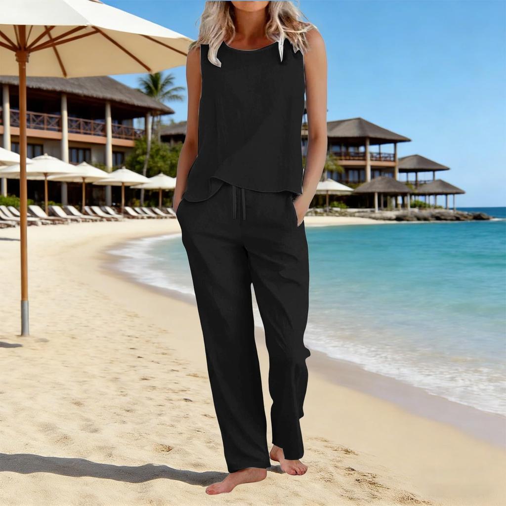 Women 2 Piece Sleeveless Tank Tops Wide Leg Pants Casual Linen Sets