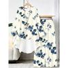 Flower Print Two Piece Outfit Women Long Sleeve Irregular Hem Tunic Top Wide Leg Pants Casual Matching Set
