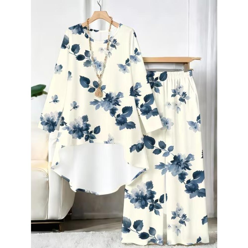Flower Print Two Piece Outfit Women Long Sleeve Irregular Hem Tunic Top Wide Leg Pants Casual Matching Set