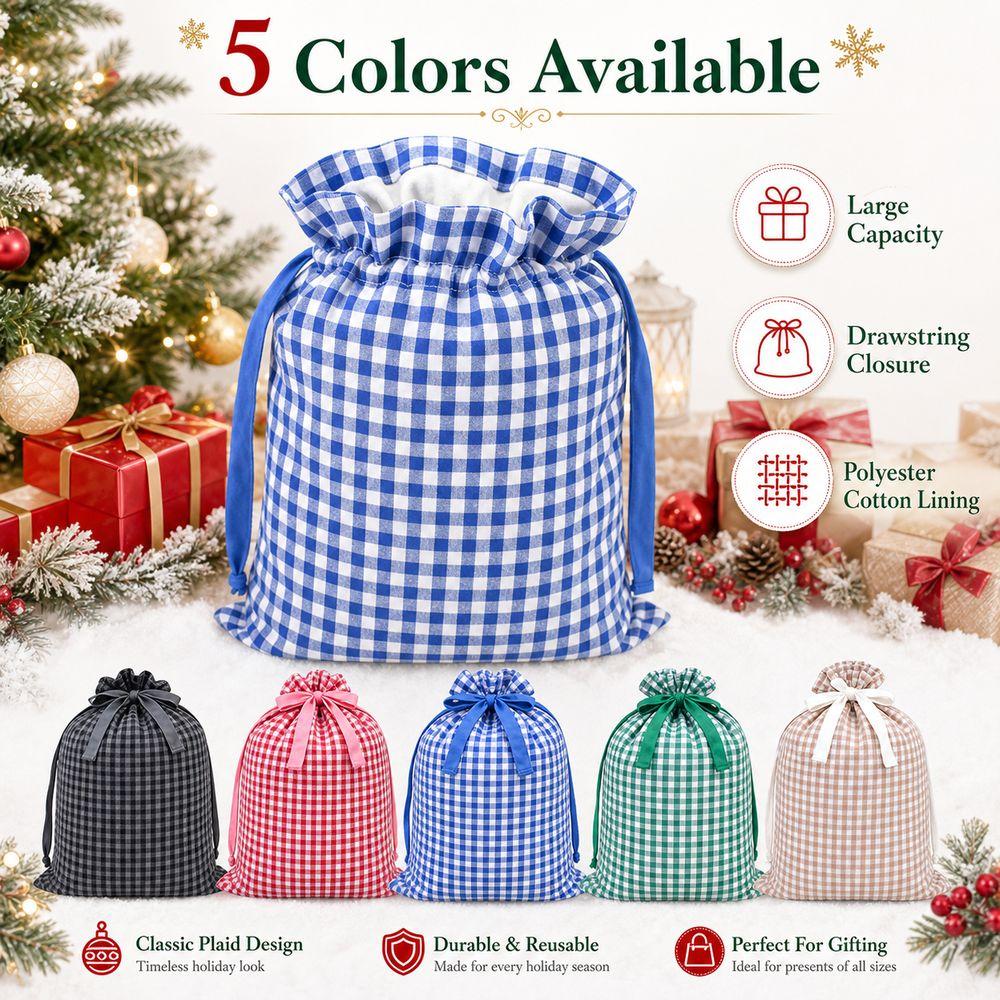 Plaid Pattern Christmas Present Bag Drawstring Closure Drawstring Christmas Sack Merry Christmas