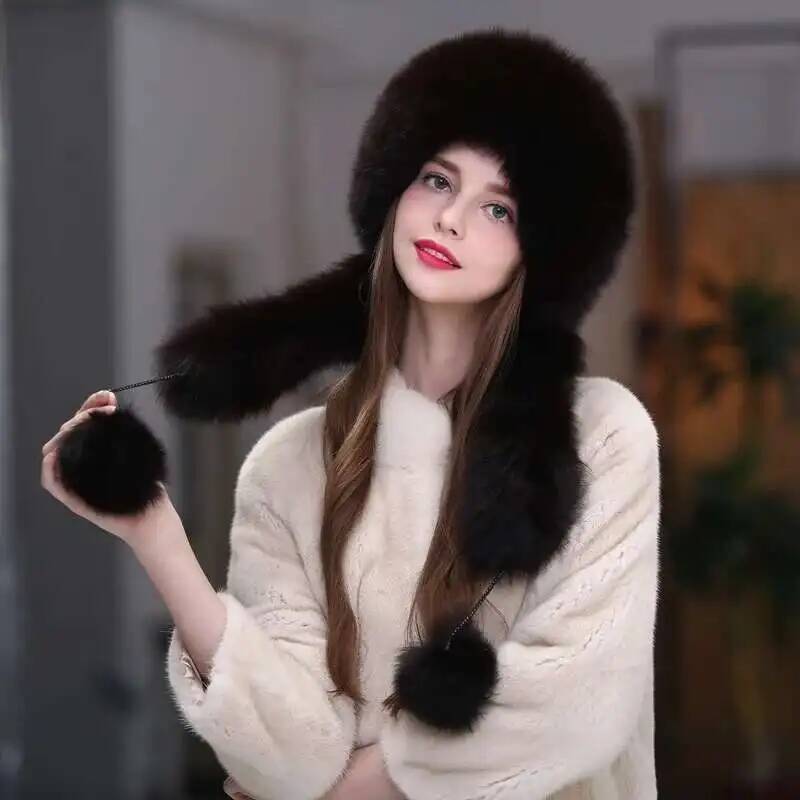 Fox Fur Hat Women Winter Scarf Hat Warm Ear Protection Cap Female Outdoor Thick Warm Fur Hats Russians Fashion Fluffy Fur Hat