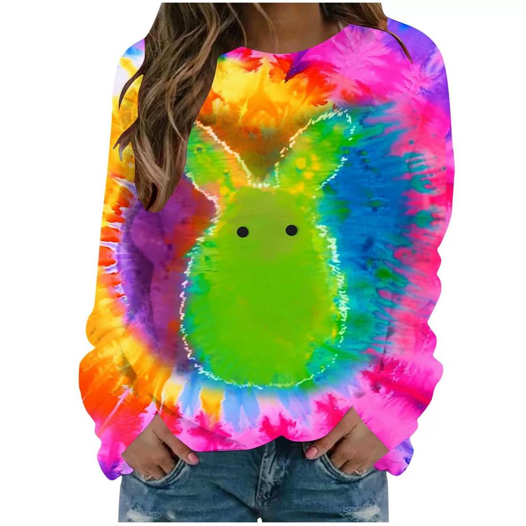 Round Neck 3D Tie Dye Rabbit Printed Top Fashionable Casual Long Sleeved Women's T-shirts