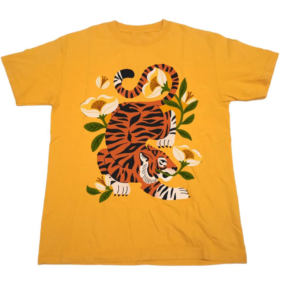 Tiger Floral Print Graphic T-Shirt Vintage Style Casual Crew Neck Top Gold Unisex T-Shirt