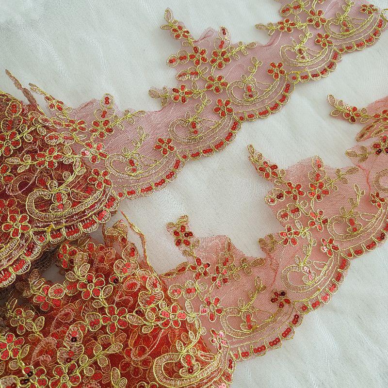 Červené vyšívané krajky Retro svatební šaty Doplňky pro pódiové vystoupení Krajkové květiny DIY doplňky Látkové umění