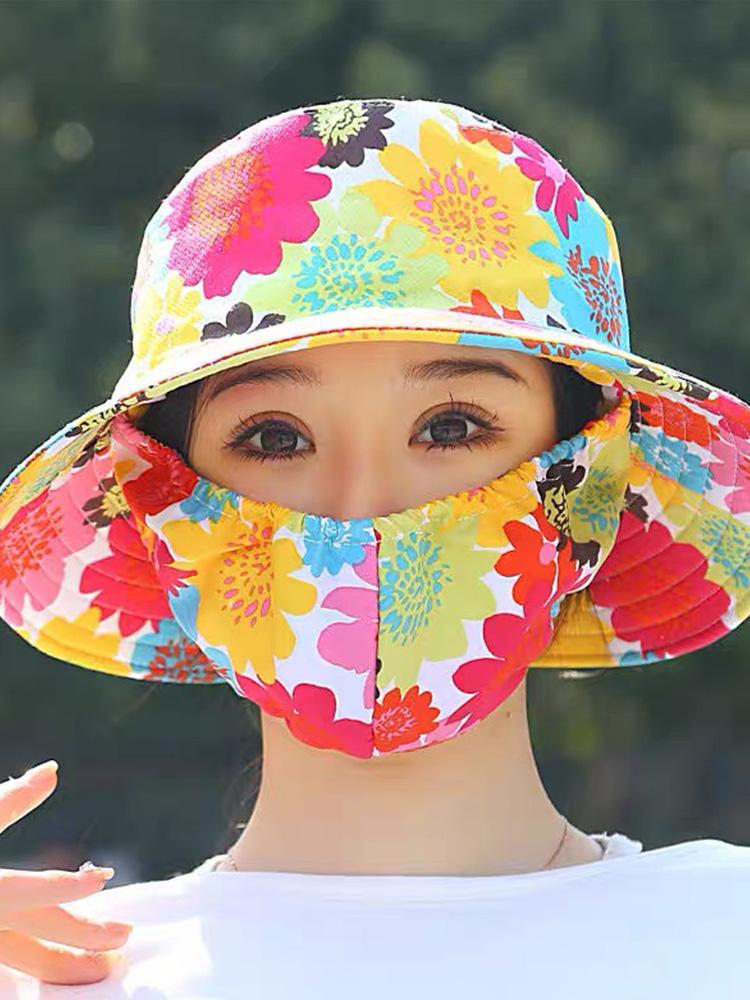Summer Outdoor Flower Pattern Anti-uv Sunscreen Hat Fashion Dust Mask Hat Protect Neck Fisherman Hat Tea Picking Cap