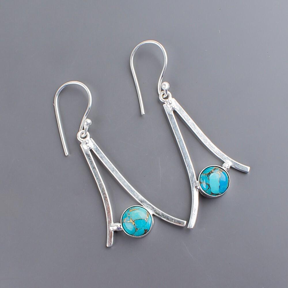 Blauer Kupfer-Türkis Edelstein 925 Sterlingsilber Schmuck Hakenohrringe 1,45" EE-66-19
