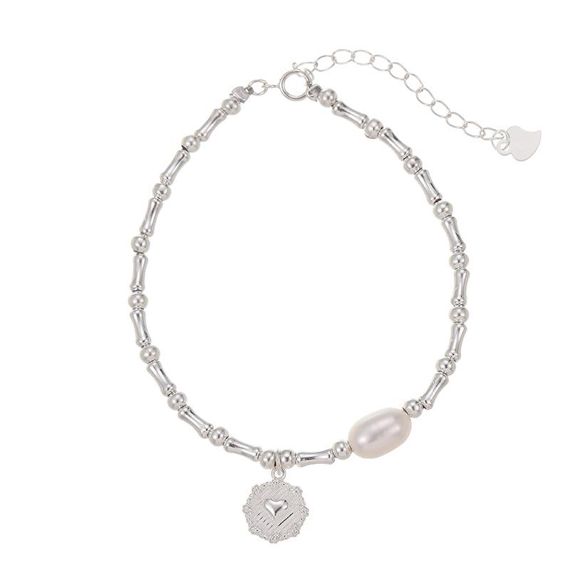 S925 Sterling Silver Korean Bamboo Pearl Heart Bracelet - Women's Niche Cold Style Trendy Jewelry