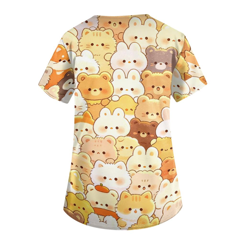 Damen V-Ausschnitt Kurzarm Arbeitshemd mit Taschen Tierprint Oberteil Medizinische Uniform Scrub T-Shirt für medizinisches Fachpersonal