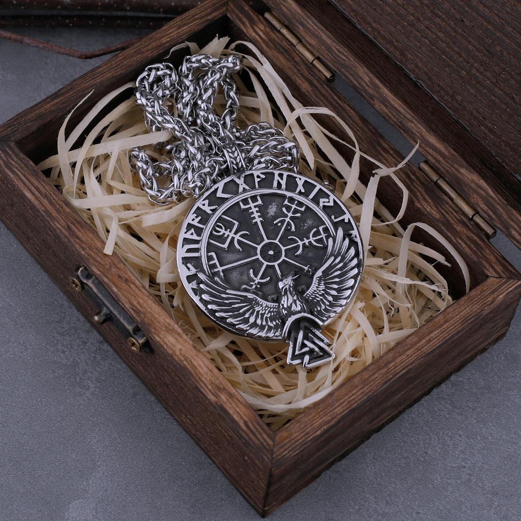Mens Nordic Viking Compass Odin Raven Pendant Necklace Vintage Scandinavian Rune Amulet Necklace Stainless Steel Jewelry Gift