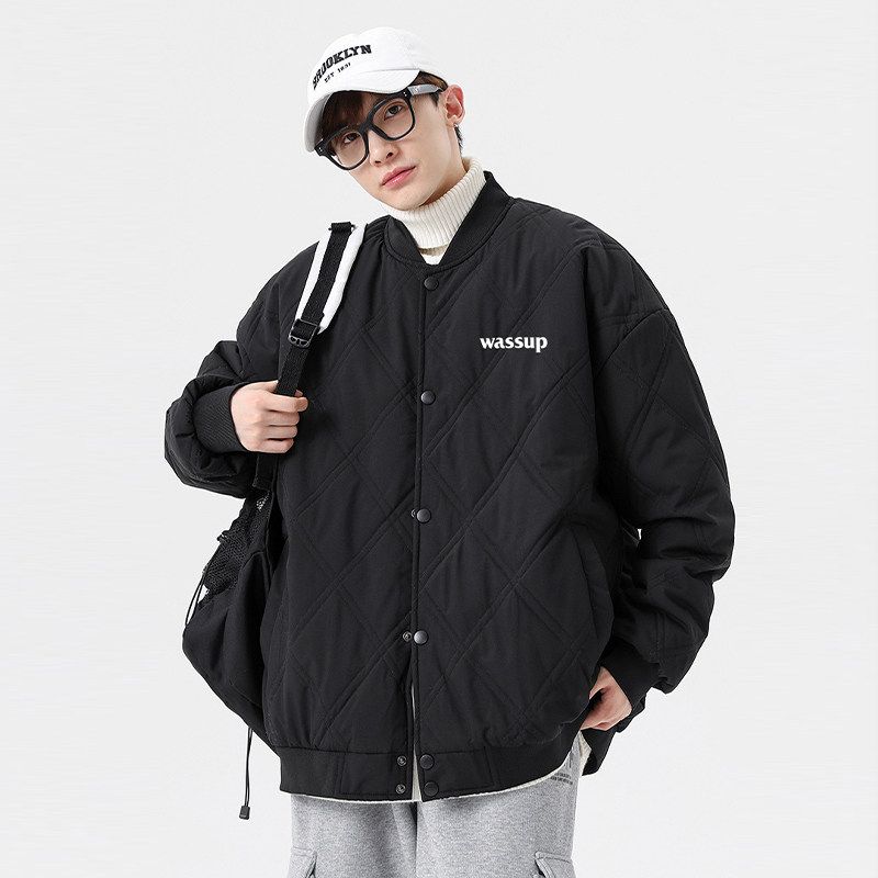 

Wassup Heods Trendy Brand Diamond Lattice Letter Flight Cotton Jacket Men s Autumn and Winter Couple s Warm Coat Black M
