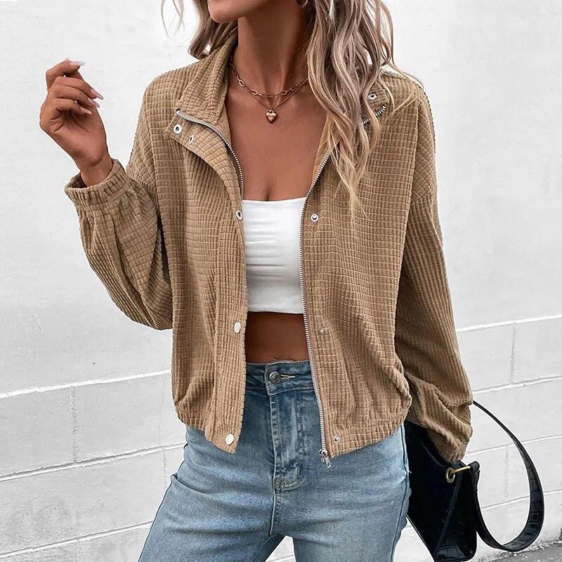 

Осенне-зимняя куртка с воротником-стойкой, модная повседневная однотонная плиссированная вельветовая куртка, топы с длинными рукавами, женские топы Casaco Feminino 29457 M коричневый