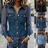 Camicia in Denim Patchwork a Rete da Donna Camicia Prospettica Spalle Scoperte Manica Lunga Top per Festival di Musica Country Top con Revers Bottoni Abbottonatura Concerto