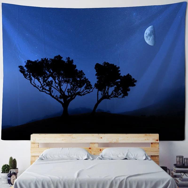 Home Room Art Background Decoration Starry Forest Tapestry Moonlight Night Psychedelic Bohemian Decorative Wall Hanging