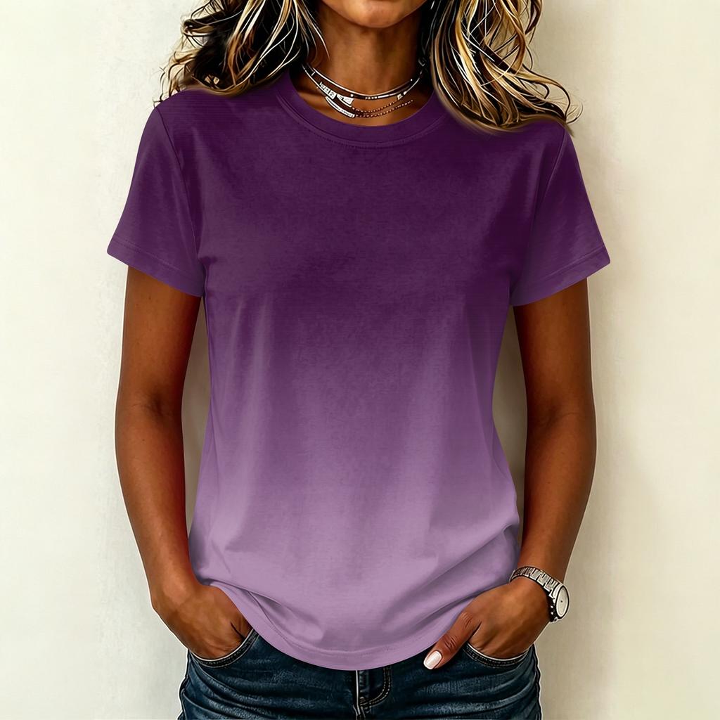 Women's Casual Pullover T-Shirt Short Sleeve Crew Neck Gradient Color Top Lightweight Soft Fabric Summer Wear