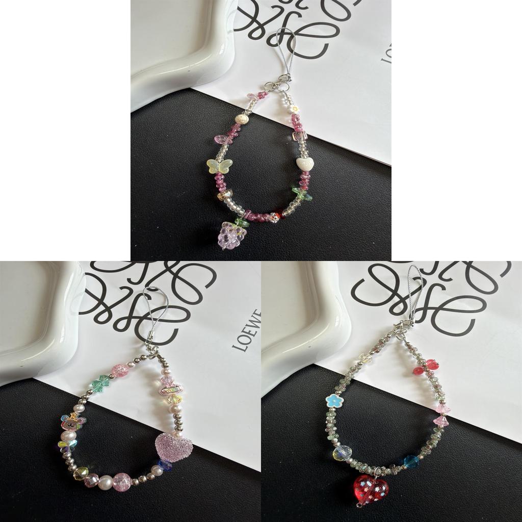 Pvc Pink Heart Bear Crystal Phone Strap With Butterfly Heart Pendant For Girls