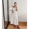 French Style Elegance White off-Shoulder Puff Sleeves Waist-Tight Dress Sexy One Line Neck Dress