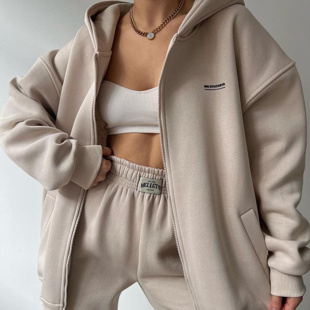 

Женский однотонный костюм с капюшоном и длинным рукавом, свободный топ, широкие брюки, осень-зима S хаки