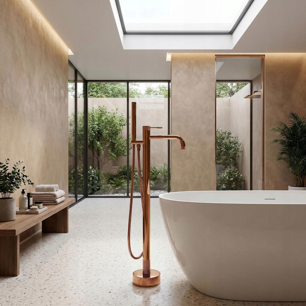 Venti Copper Glossy Floor-Mounted Quilted Bathtub Faucet