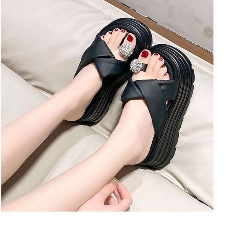 French beautiful platform slippers women's summer wear small 8cm height increase muffin rhinestone cover toes with skirt sandals