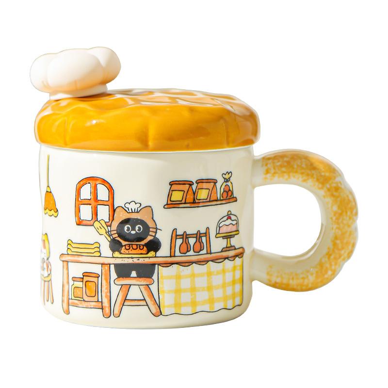 Korean Creative Bread Mug Cartoon Cat Ceramic Cup with Lid Household Water Cup Birthday Gift Souvenir