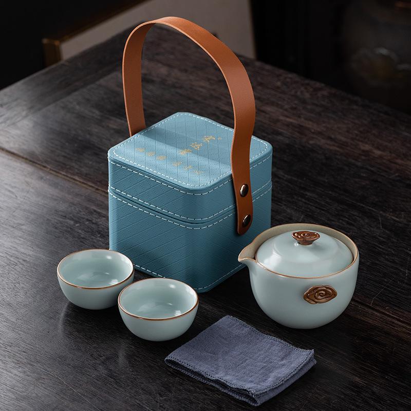 Tianqing Huang Ru Handmade Ru Kiln One Pot Two Cups Earth Silver Award High-end Ru Kiln Outdoor Kung Fu Tea Set Business Gifts