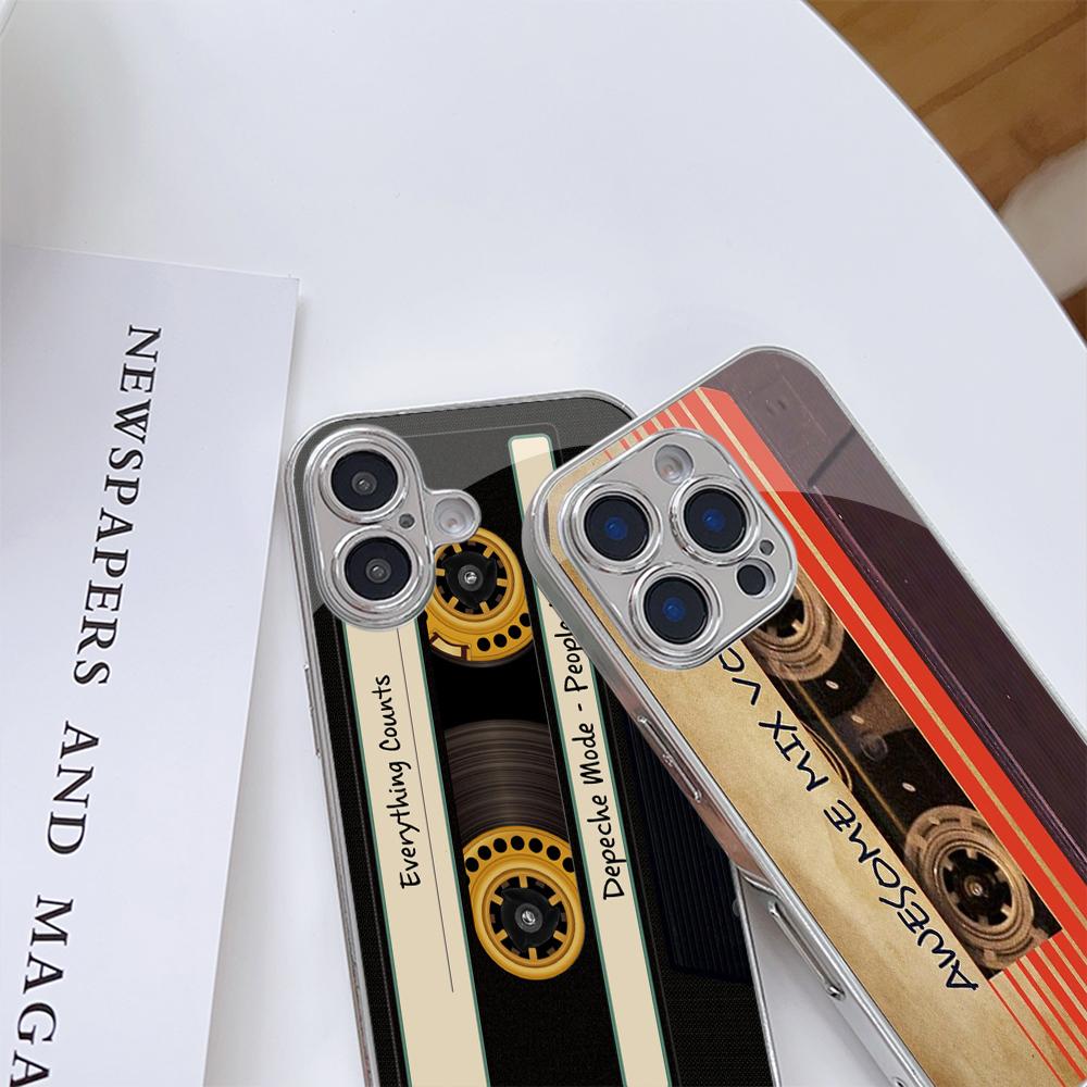 N203 Oryginalne Retro Kaseta Magnetofonowa art Etui na Telefon dla iPhone 16 15 Pro Max 8 Samsung S24 S23 A54 A35 Redmi Note 13 12 Platerowana Ramka Szkło Hartowane Pokrowiec