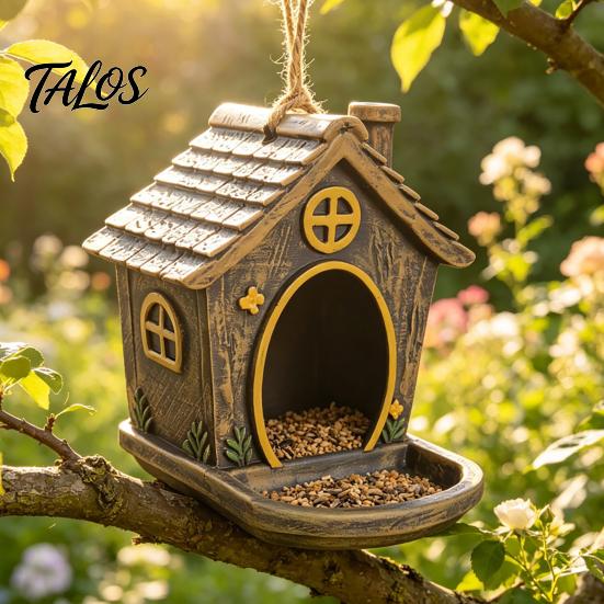 Wild Bird Gift for Gardeners House Shape Hanging Feeder Outdoor Garden Decor, Weatherproof Resin Backyard Watching Supplies with Large Capacity Tray &