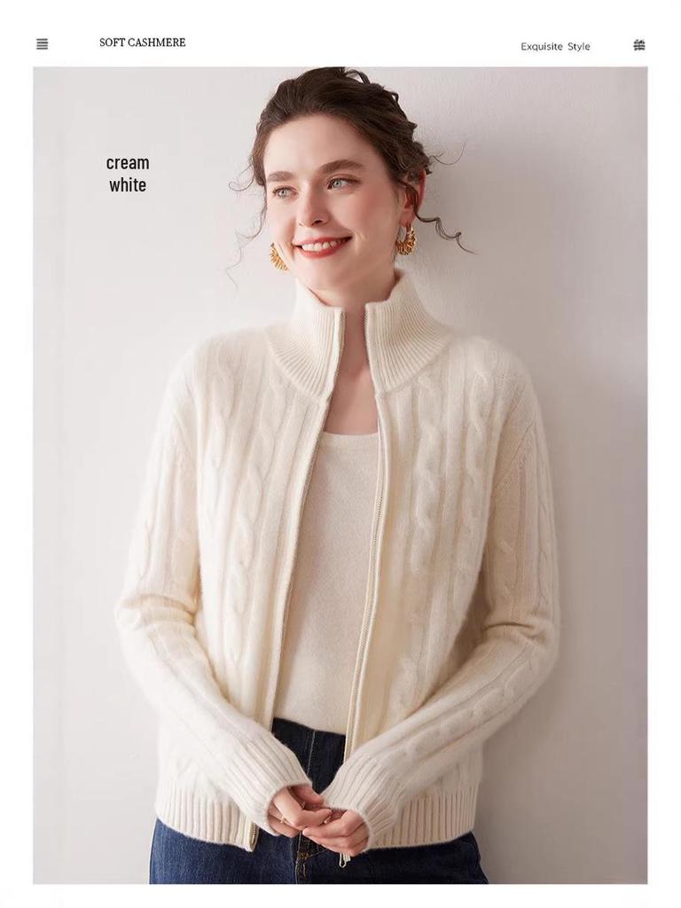 Luxury Double Zipper Heavy Duty Cable Knit Cashmere Cardigan for Women - High Neck, Loose Fit, Slimming, Thick Sweater Coat