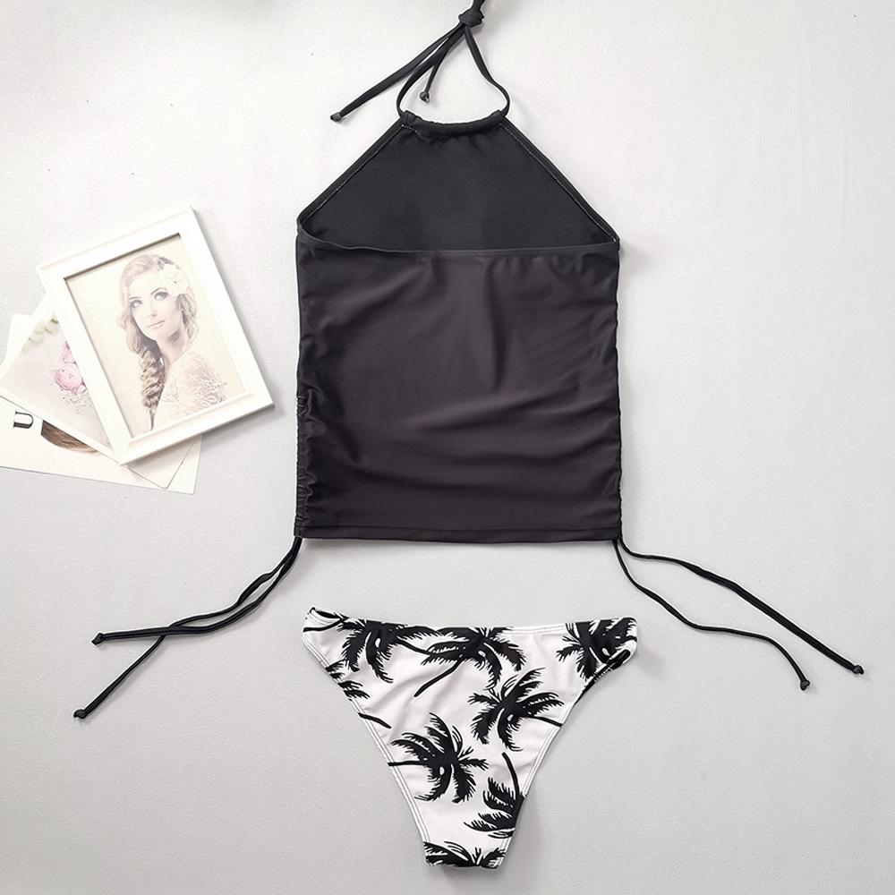 23-Year Coconut Tree Print Halter Neck Tie-Up Tummy Control Plus Size Women's Bikini