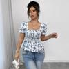 2025 New Arrival Puff Sleeves Square Collar Anti-Aging Top Easiest for Match Slimming Printed Elegant Short Sleeve T-shirt
