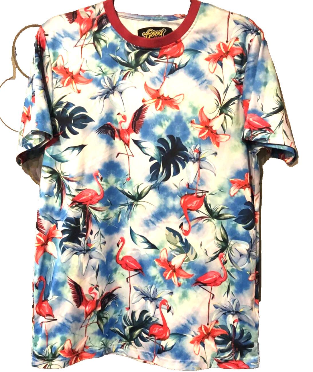 Good Vibes Flamingo Tropical T Shirt Mens Medium Blue Floral Graphic Tee Unisex T-Shirt XL