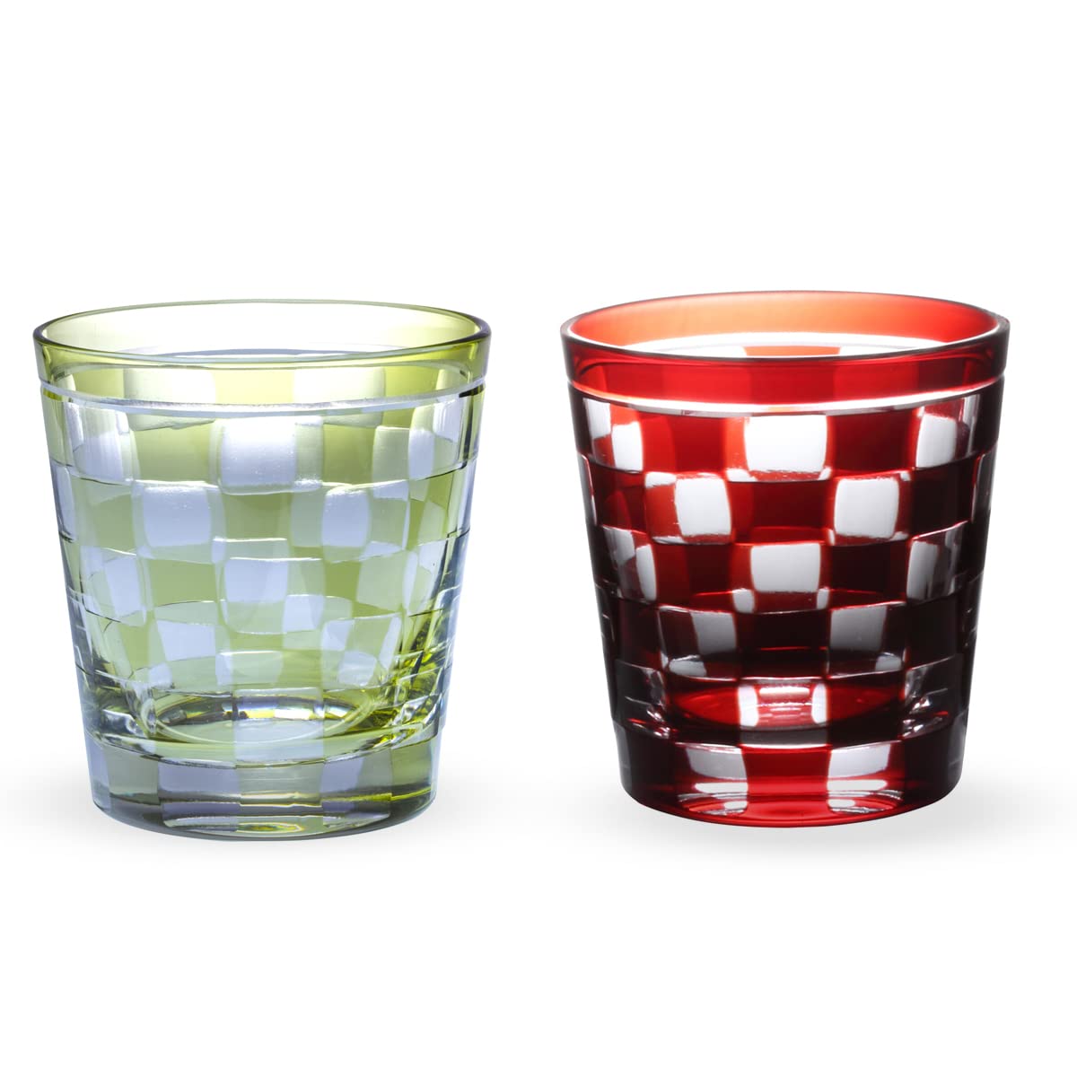 

Nostalgia Cut Glass Pair Rock Glasses Cups 260cc Ichimatsu Green Red Bishou Current Model J-kitchens 85xH90mm &