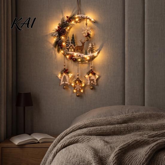 Star And Moon Cutout Artwork Lighted Crescent Wall Decor with Stars Pendants, Rustic Wooden Hanging Pendant Glowing Ornament for Holiday LED
